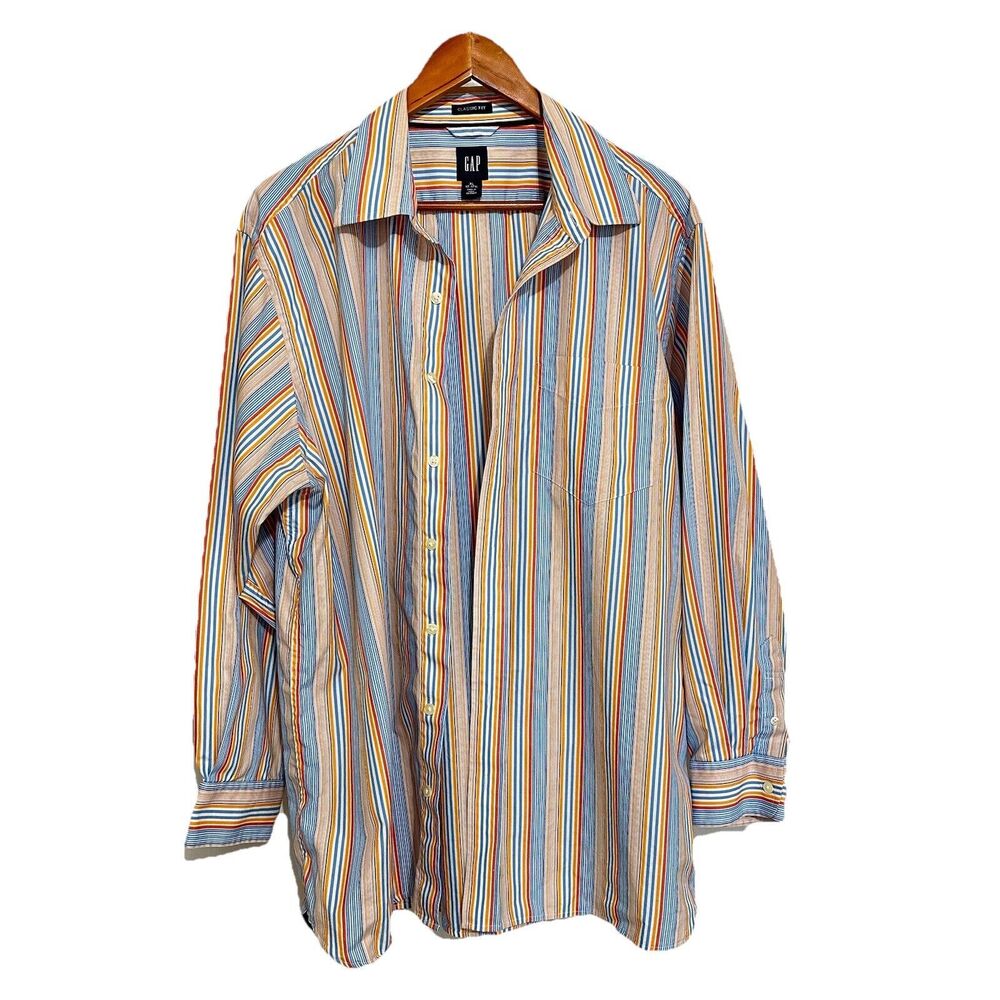 GAP Classic Fit  Button Up Shirt Mens XL 17-17.5 Blue Orange Striped Long Sleeve